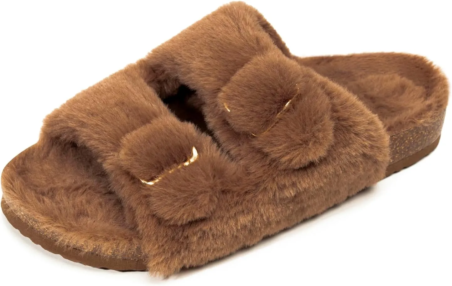 FITORY Womens Open Toe Slipper with Cozy Lining,Faux Rabbit Fur Cork Slide Sandals Size 6-11