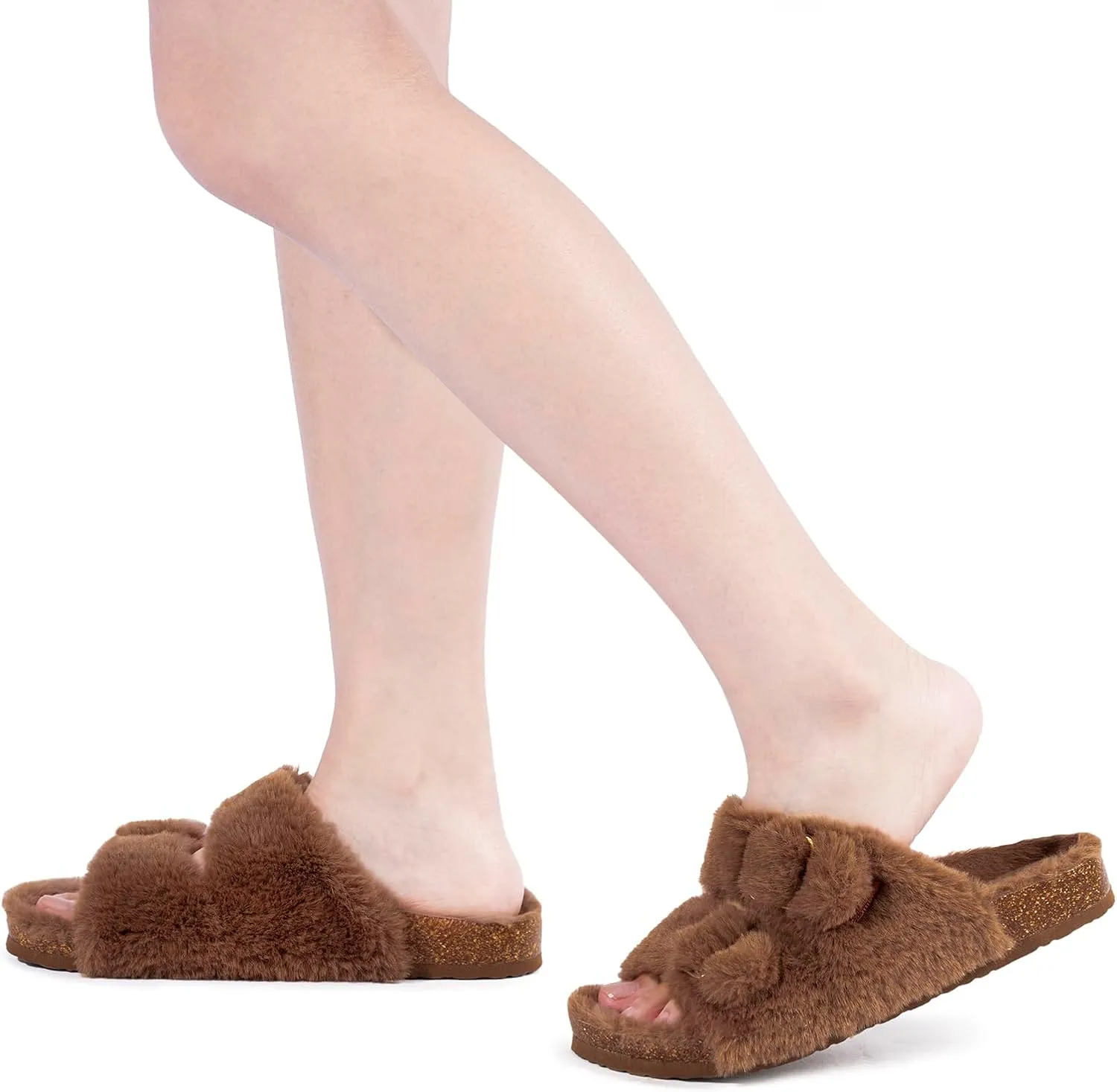 FITORY Womens Open Toe Slipper with Cozy Lining,Faux Rabbit Fur Cork Slide Sandals Size 6-11