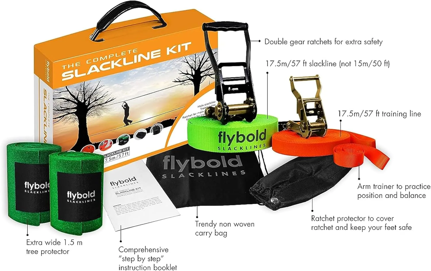 flybold Slackline Kit for Kids and Adults - 57 ft Balance Rope with Training Line, Tree Protectors, Arm Trainer, Ratchet Cover, and Carry Bag - Ideal for Tightrope Walking and Slackline Zipline