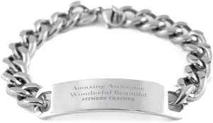 Funny Fitness Trainer Gifts, Amazing Awesome Wonderful, Appreciation Graduation Birthday Cuban Chain Stainless Steel Bracelet for Men, Women, Friends, Coworkers