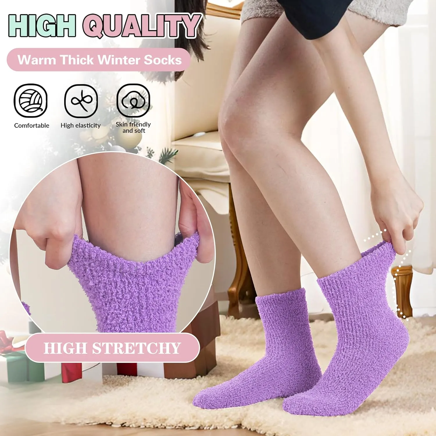 Fuzzy Socks Warm Fluffy Winter Cozy Thick Plush Slipper Sleep Comfy Crew Socks for Women & Men 5 Pairs