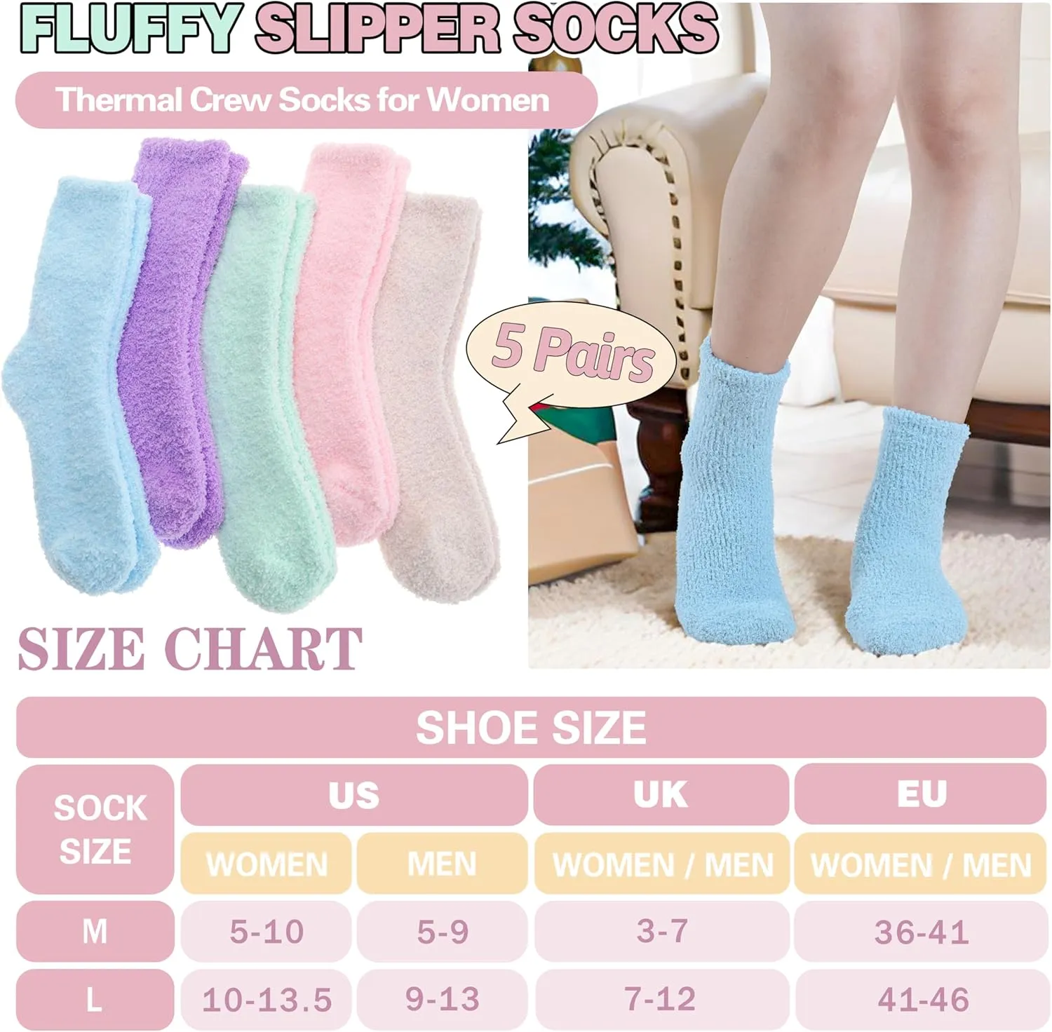 Fuzzy Socks Warm Fluffy Winter Cozy Thick Plush Slipper Sleep Comfy Crew Socks for Women & Men 5 Pairs