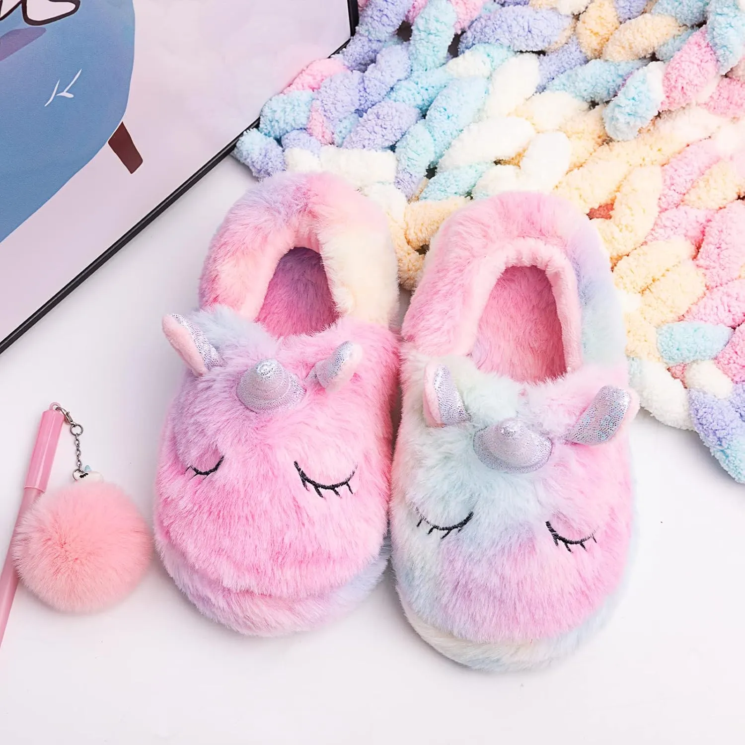 Girls Family Unicorn Slippers Cute Fluffy Anti-Slip Indoor Home Slippers Household Winter Warm Slippers