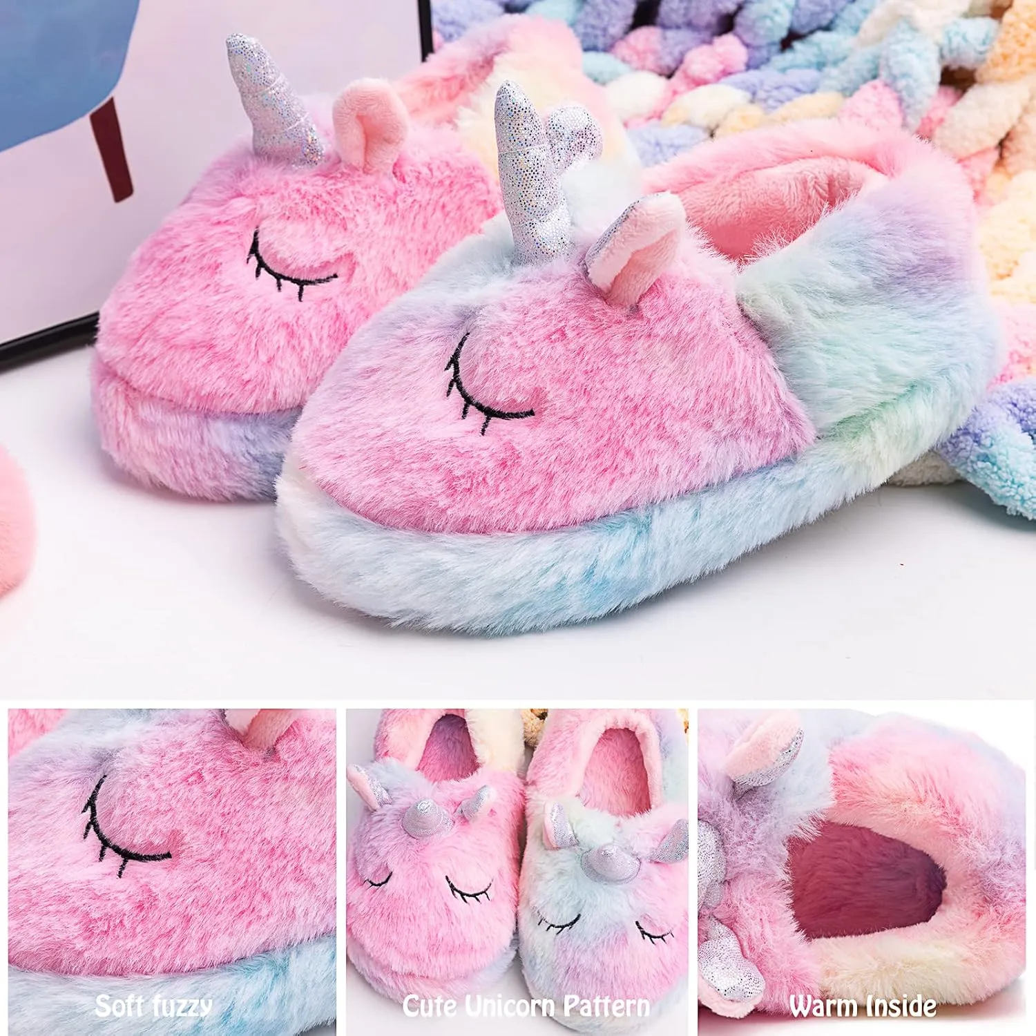 Girls Family Unicorn Slippers Cute Fluffy Anti-Slip Indoor Home Slippers Household Winter Warm Slippers