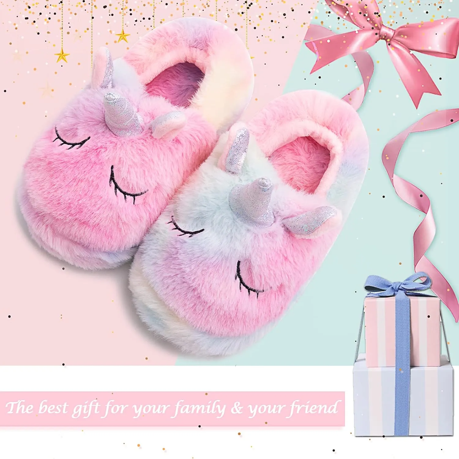 Girls Family Unicorn Slippers Cute Fluffy Anti-Slip Indoor Home Slippers Household Winter Warm Slippers