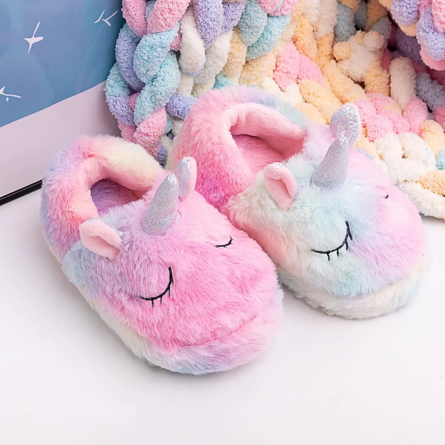 Girls Family Unicorn Slippers Cute Fluffy Anti-Slip Indoor Home Slippers Household Winter Warm Slippers