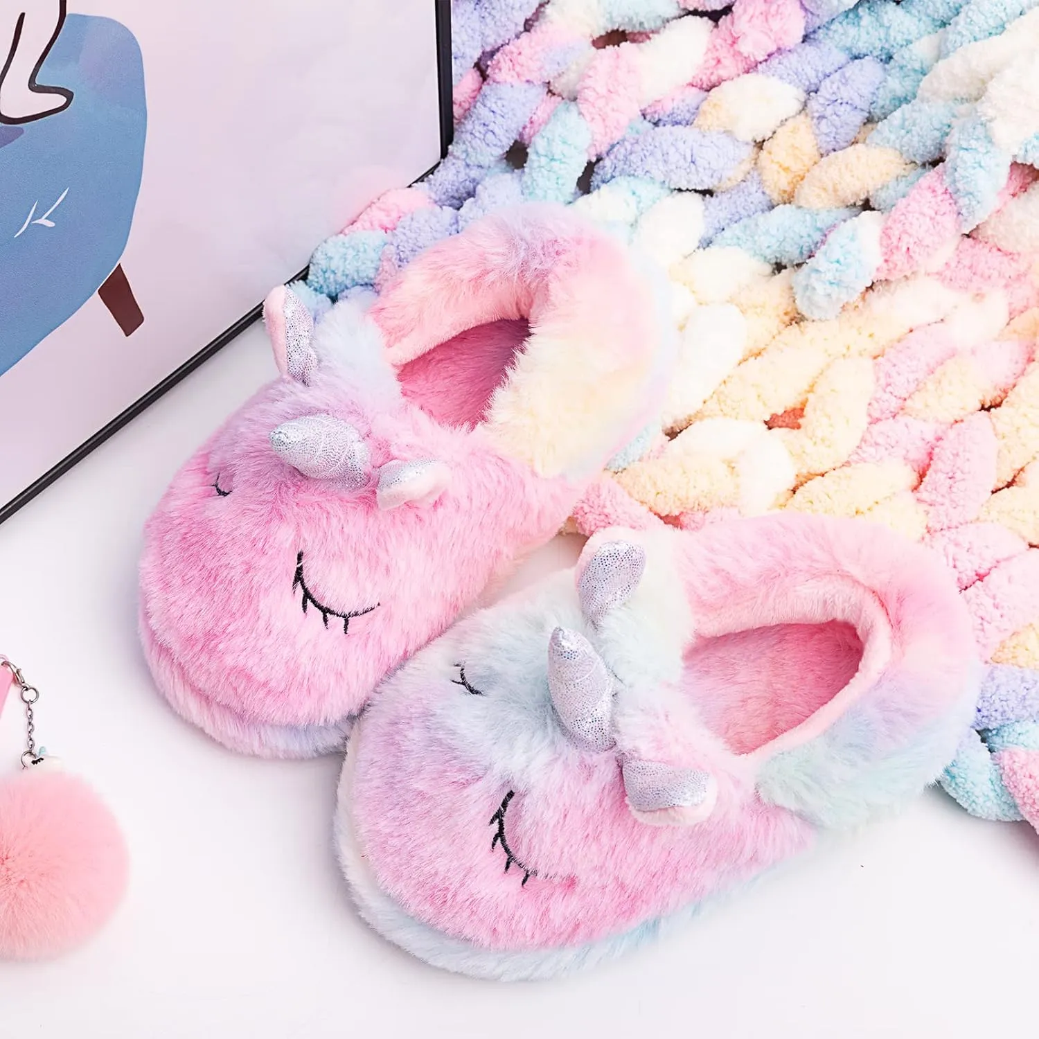 Girls Family Unicorn Slippers Cute Fluffy Anti-Slip Indoor Home Slippers Household Winter Warm Slippers