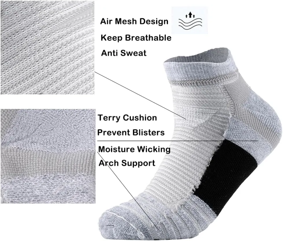 GLENMEARL 6 Pack Men's Ankle Socks, Sport Athletic Running Socks Cushion Padded Moisture Wicking Low Cut