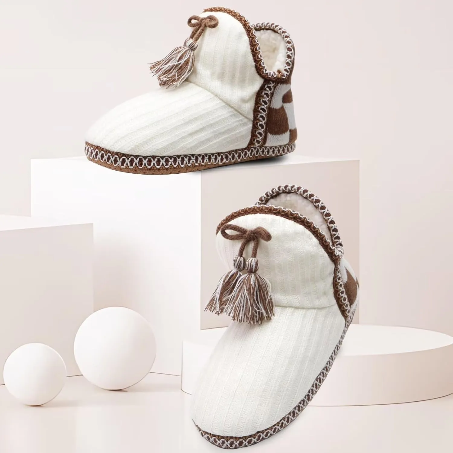 GPOS Women's Cashmere Knit House Slipper Booties Cotton Quilted Warm Indoor Ankle Boots