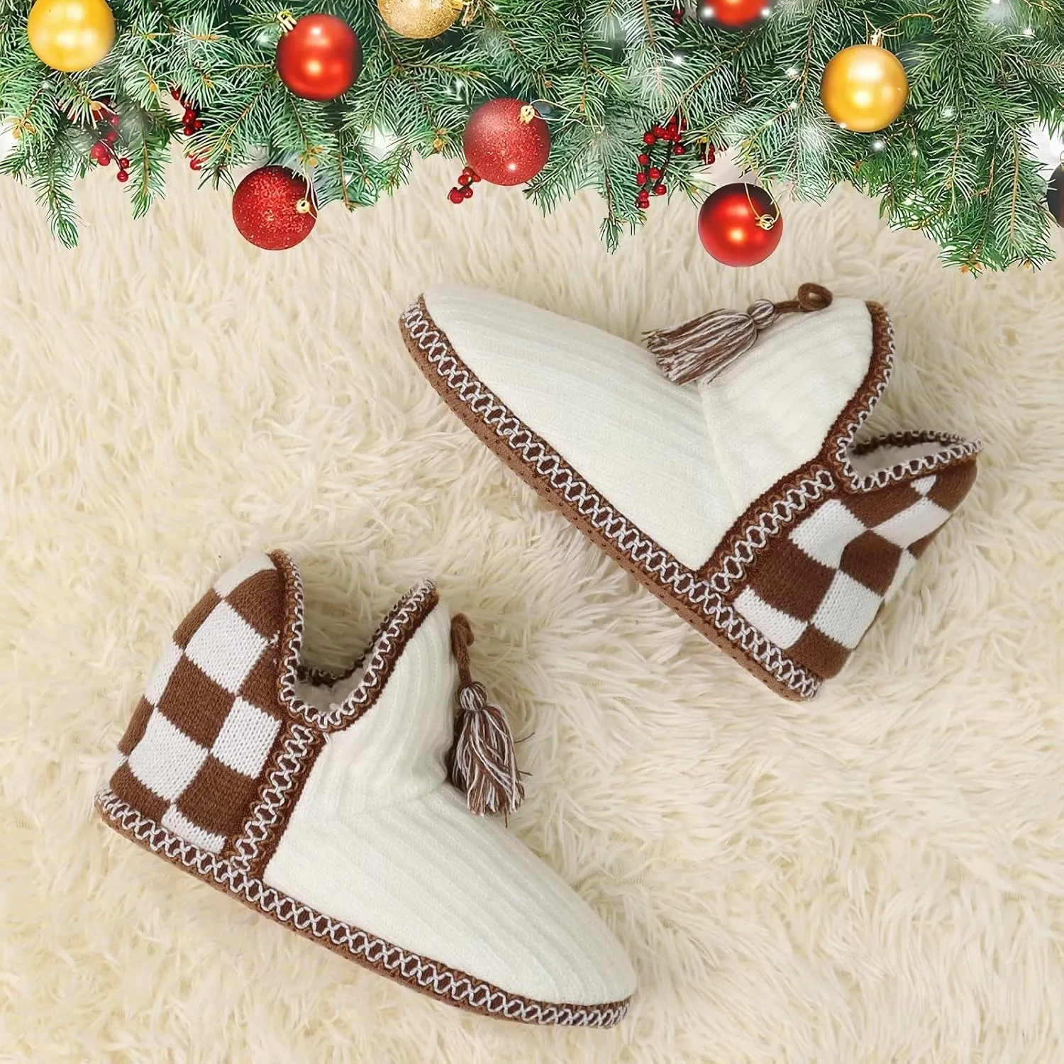 GPOS Women's Cashmere Knit House Slipper Booties Cotton Quilted Warm Indoor Ankle Boots