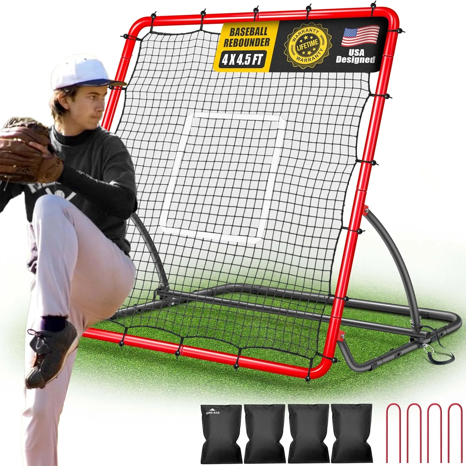 Heavy Duty Baseball Rebounder Net 4x4.5 FT Pitchback with 3 Adjustable Angles, Baseball and Softball Bounce Back Net for Ground, Line Drive, Fly Ball Return Settings Fielding Trainer