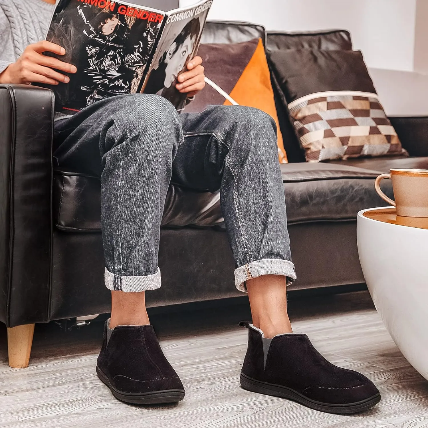 HomeTop Men's Bootie Slippers Comfy Warm Soft Non-slip Indoor Memory Foam House Shoes with Elastic Gores