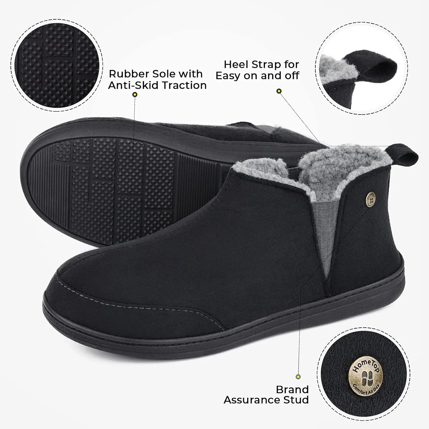 HomeTop Men's Bootie Slippers Comfy Warm Soft Non-slip Indoor Memory Foam House Shoes with Elastic Gores