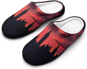 Houses of The Parliament Silhouette on UK Flag Historic Urban Skyline Men's House Slippers Warm Home Shoes with Non-Slip Rubber Sole for Home Travel