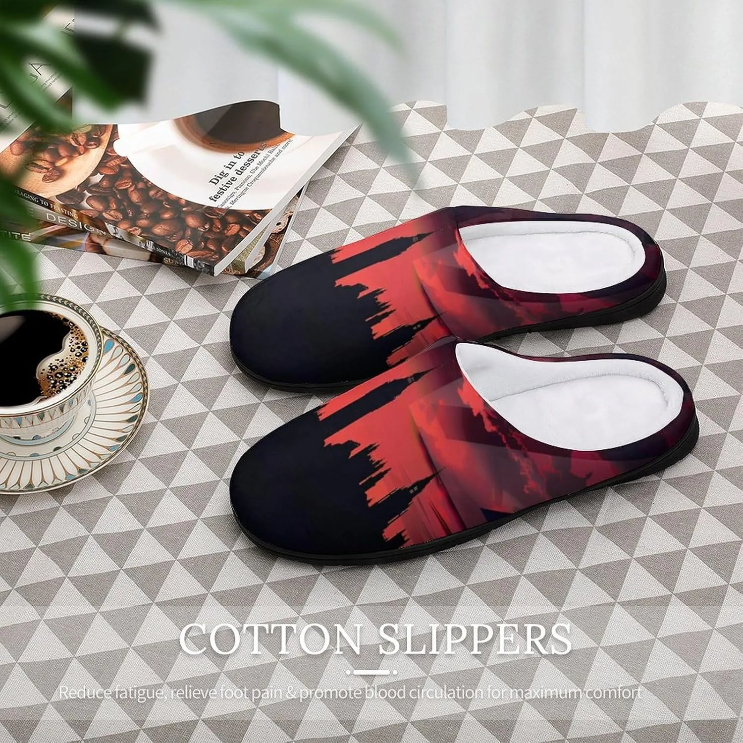 Houses of The Parliament Silhouette on UK Flag Historic Urban Skyline Men's House Slippers Warm Home Shoes with Non-Slip Rubber Sole for Home Travel