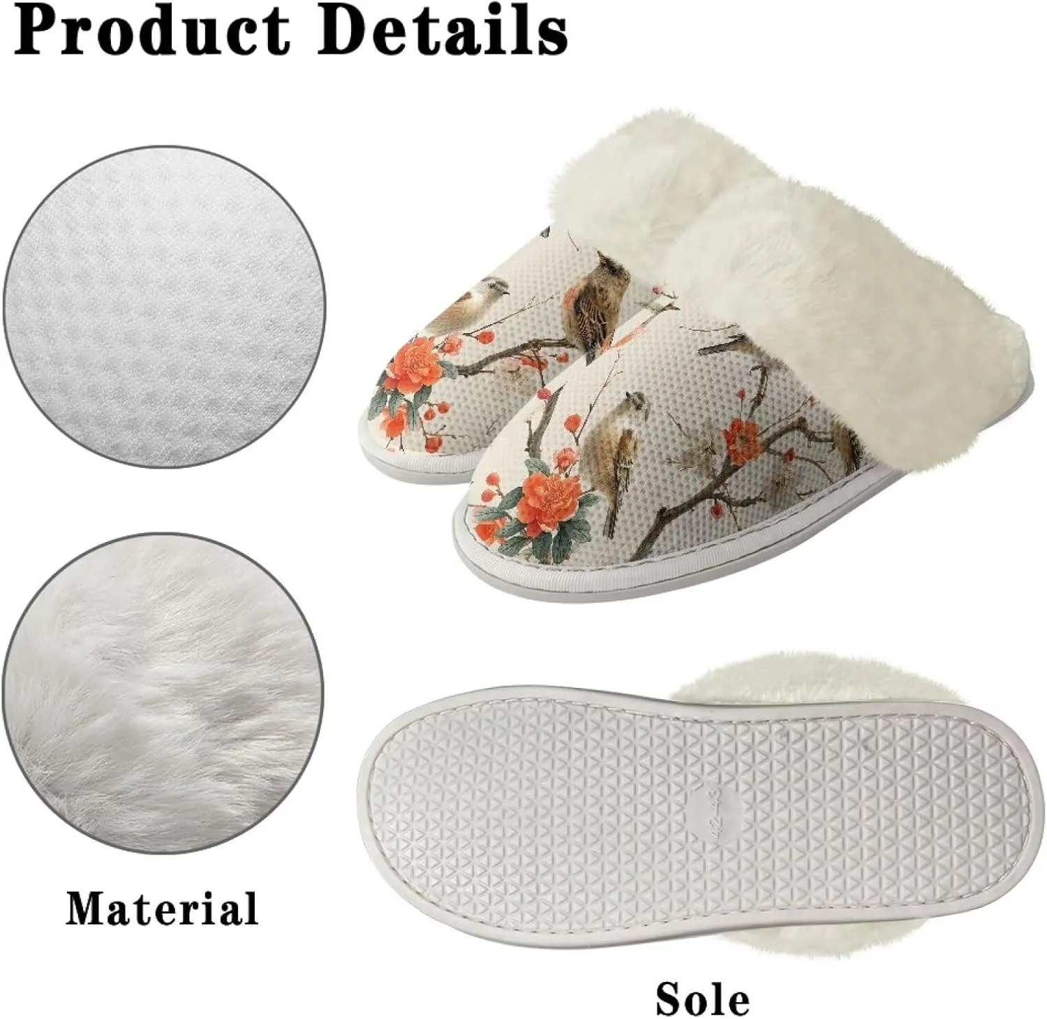 Howilath Small Bird Cotton House Shoes for Women Fluffy Slippers Warm Bedroom Shoes with Anti-Skid Sole