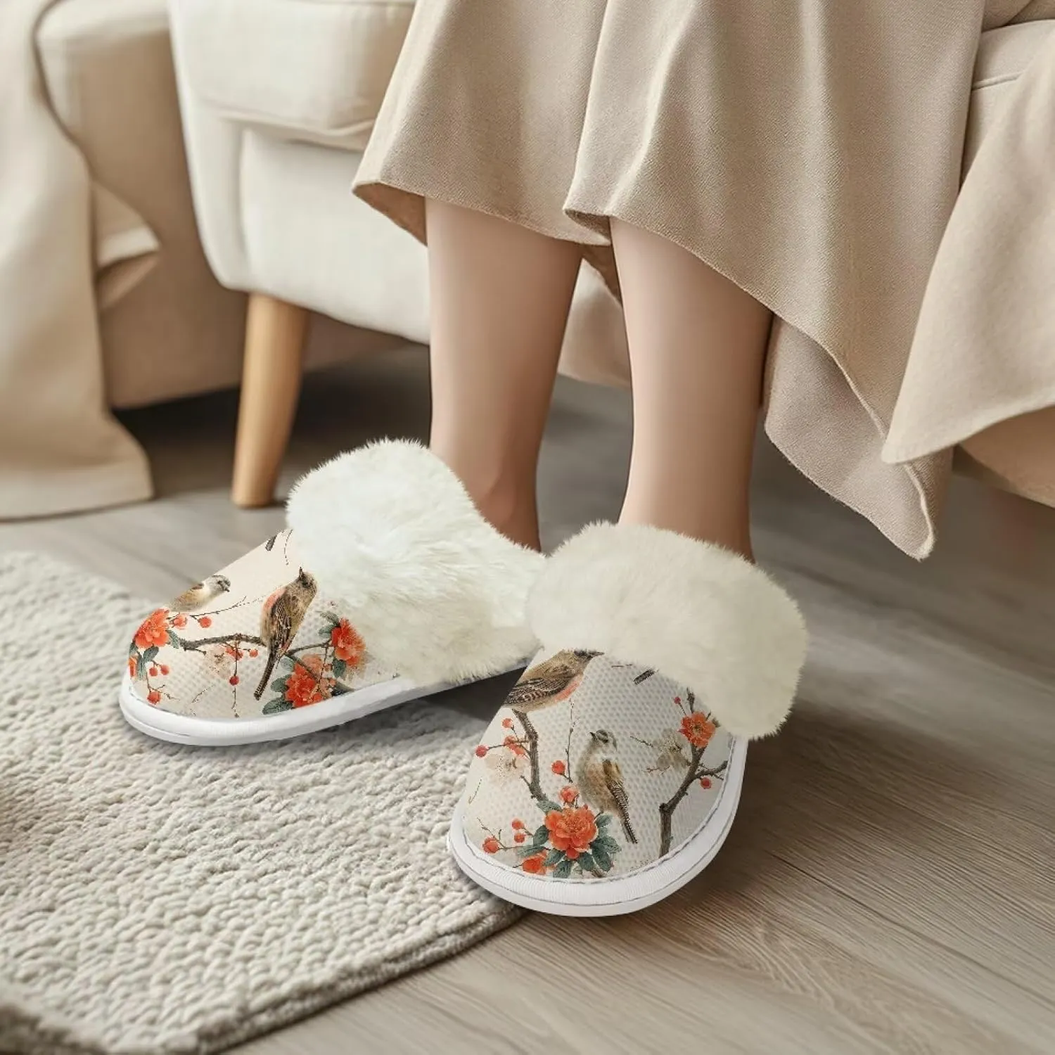 Howilath Small Bird Cotton House Shoes for Women Fluffy Slippers Warm Bedroom Shoes with Anti-Skid Sole