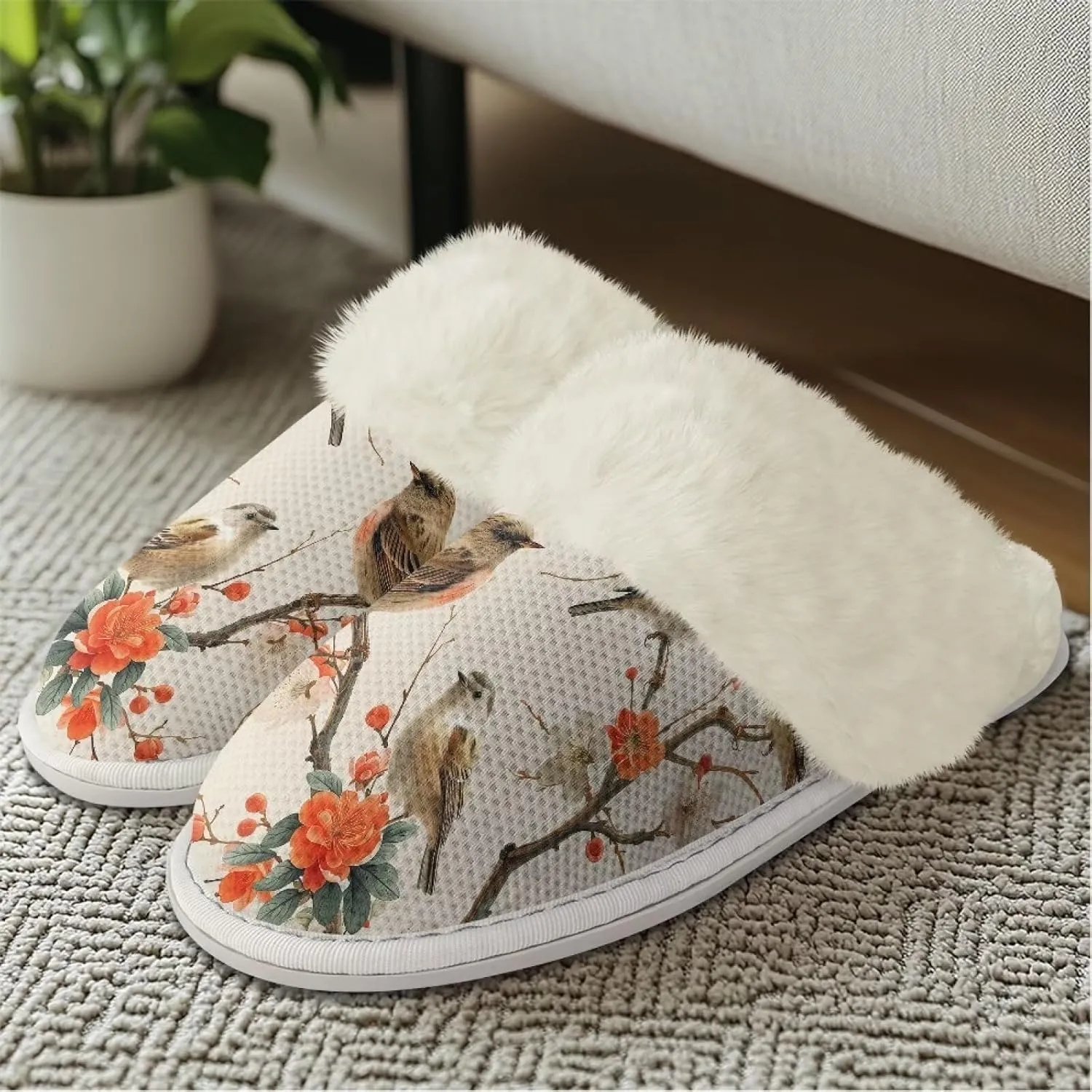 Howilath Small Bird Cotton House Shoes for Women Fluffy Slippers Warm Bedroom Shoes with Anti-Skid Sole
