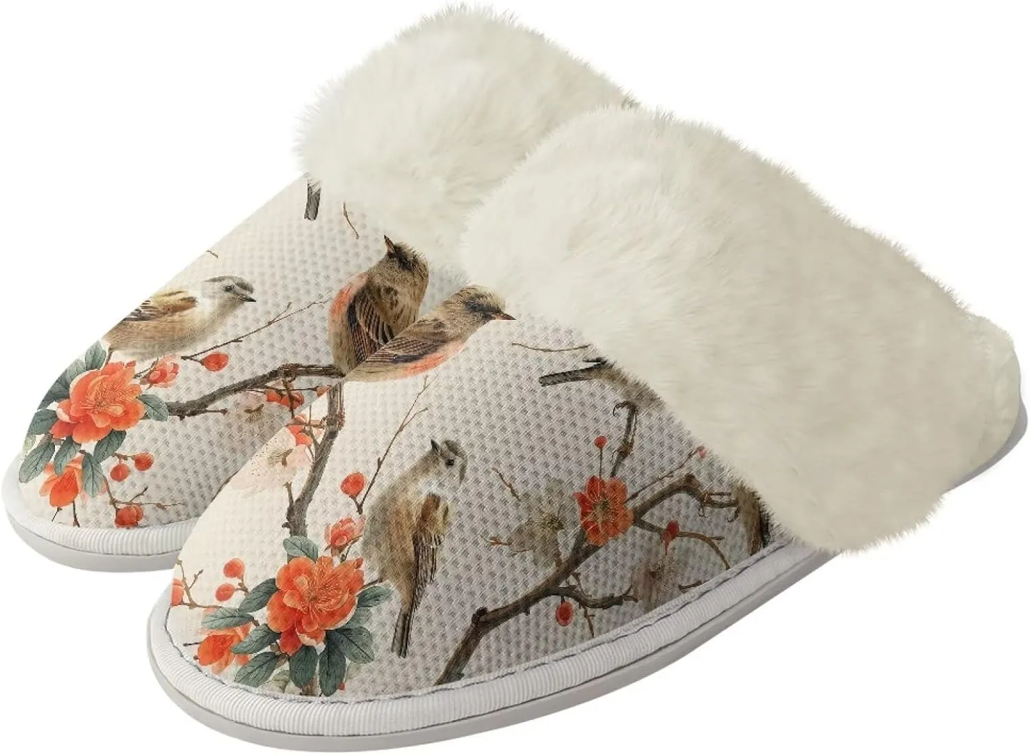 Howilath Small Bird Cotton House Shoes for Women Fluffy Slippers Warm Bedroom Shoes with Anti-Skid Sole