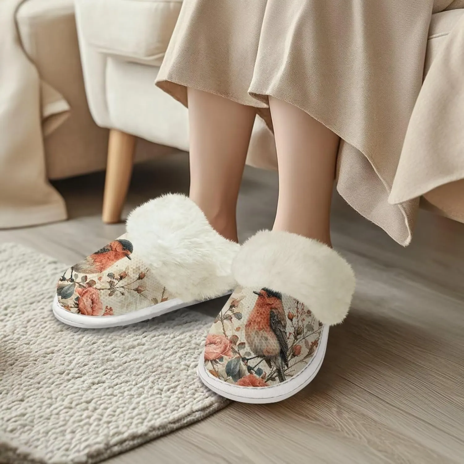 Hummingbird Birds Print Fuzzy Slippers for Women Warm House Home Slippers Slip-On Bedroom Shoes