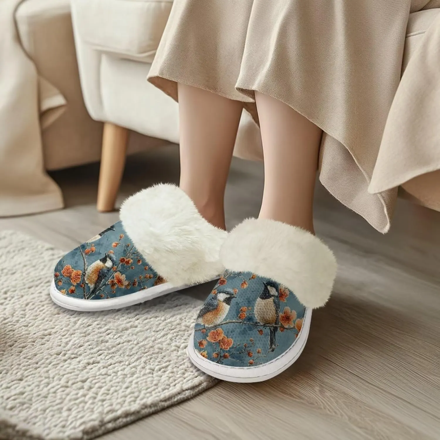 Hummingbird Birds Print Fuzzy Slippers for Women Warm House Home Slippers Slip-On Bedroom Shoes