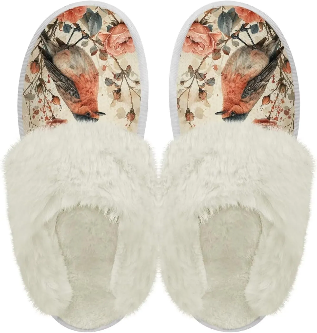 Hummingbird Birds Print Fuzzy Slippers for Women Warm House Home Slippers Slip-On Bedroom Shoes