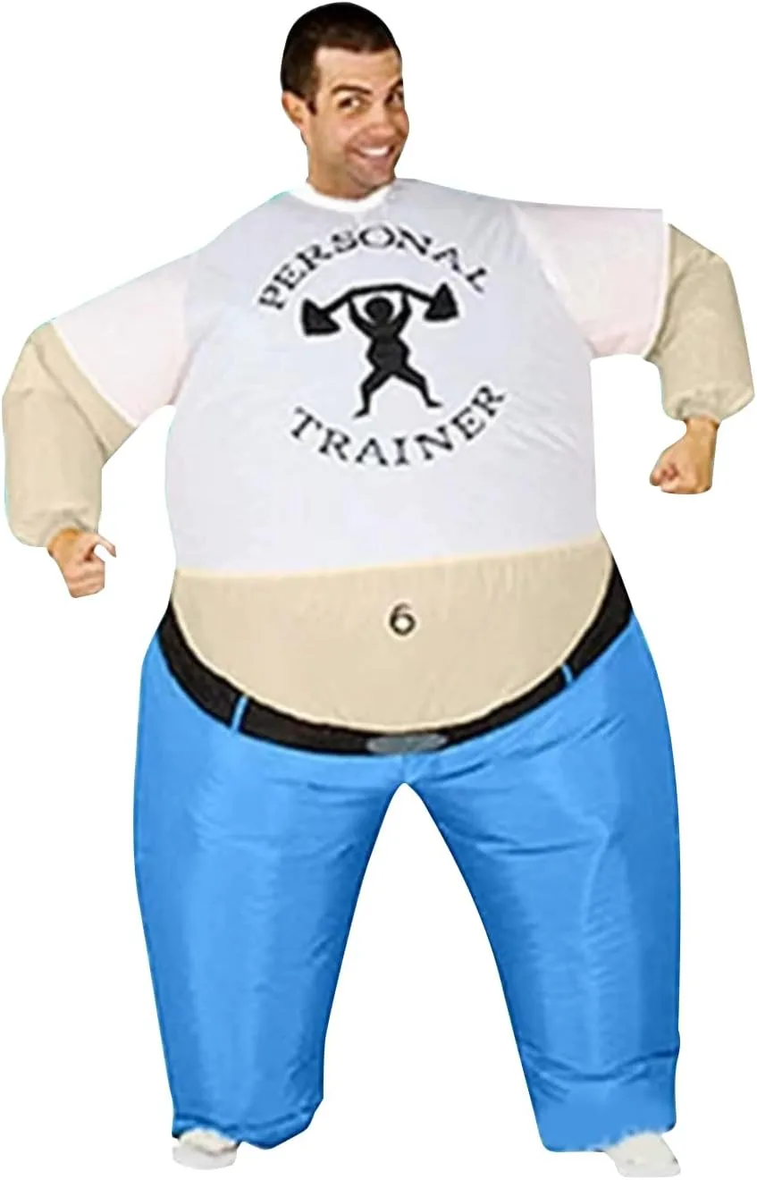 Inflatable Personal Trainer Costume, Adult Size 150-190cm, Blue White with Fan