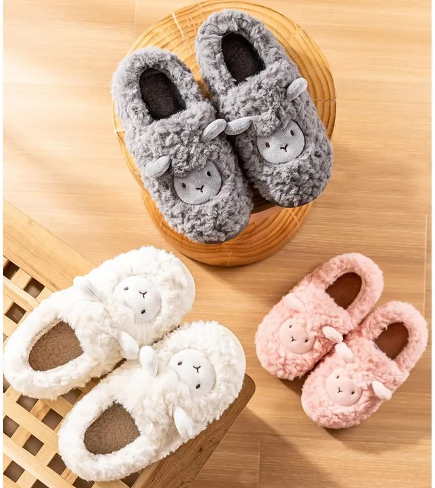 JadeRich Women's Cute Animal Slippers Winter Warm Fuzzy Plush House Slipper Cartoon Sheep Indoor Shoes