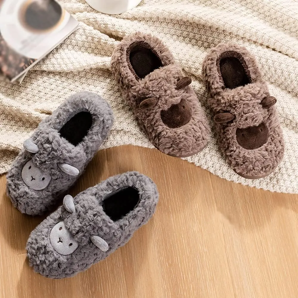 JadeRich Women's Cute Animal Slippers Winter Warm Fuzzy Plush House Slipper Cartoon Sheep Indoor Shoes