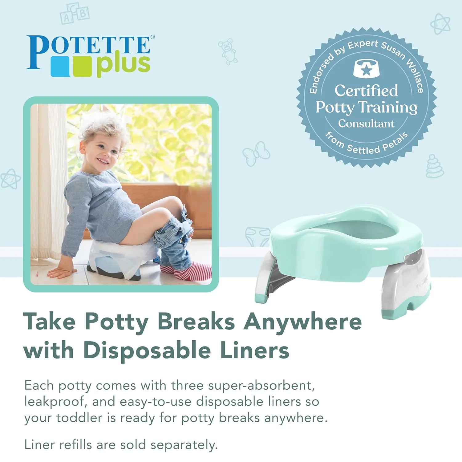 Kalencom Potette Plus 2-in-1 Travel Potty and Trainer Seat - Dual-Purpose Potty Training Toilet Seat - Portable Potty for Toddler Travel - with Durable, Lock-in Legs and Splash Guard - Pastel Mint