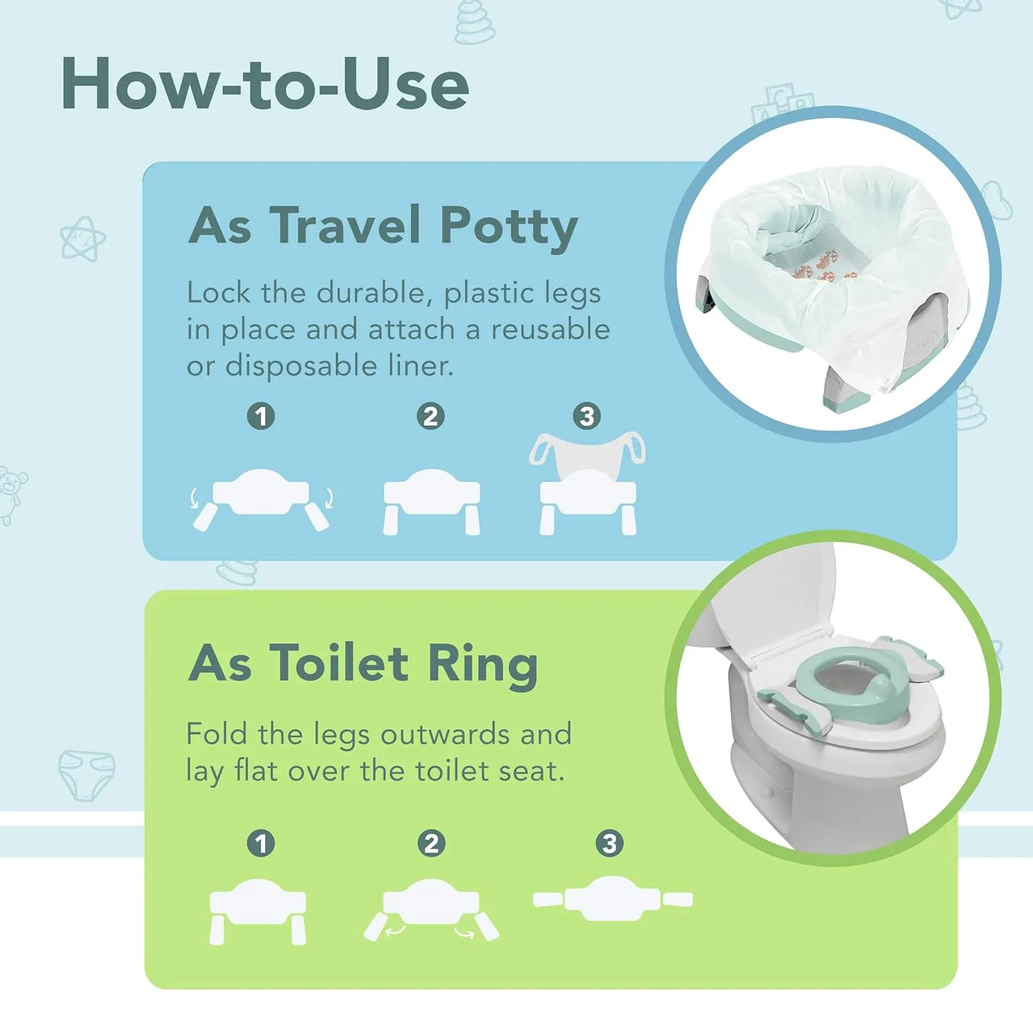 Kalencom Potette Plus 2-in-1 Travel Potty and Trainer Seat - Dual-Purpose Potty Training Toilet Seat - Portable Potty for Toddler Travel - with Durable, Lock-in Legs and Splash Guard - Pastel Mint