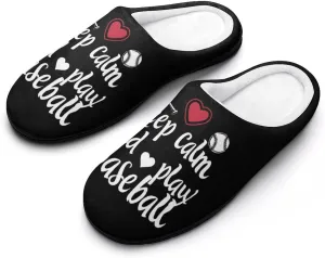Keep Calm and Play Baseball Printed Men's Cotton Slipper Shoes Soft Anti-Skid Sole Home Shoe for House Indoor Outdoor