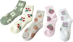 Kelabia 5 Pair Fuzzy Socks for Women Cute Floral Cottagecore Socks Winter Warm Cozy Fluffy Socks Kawaii Slipper Socks
