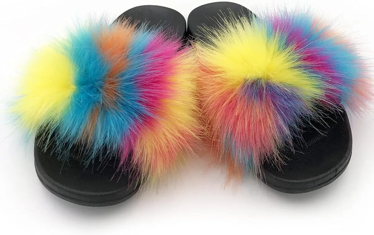Kids Soft Artificial fur Sandals Slides Comfy Lightweight Furry Cute House Slippers for Girls
