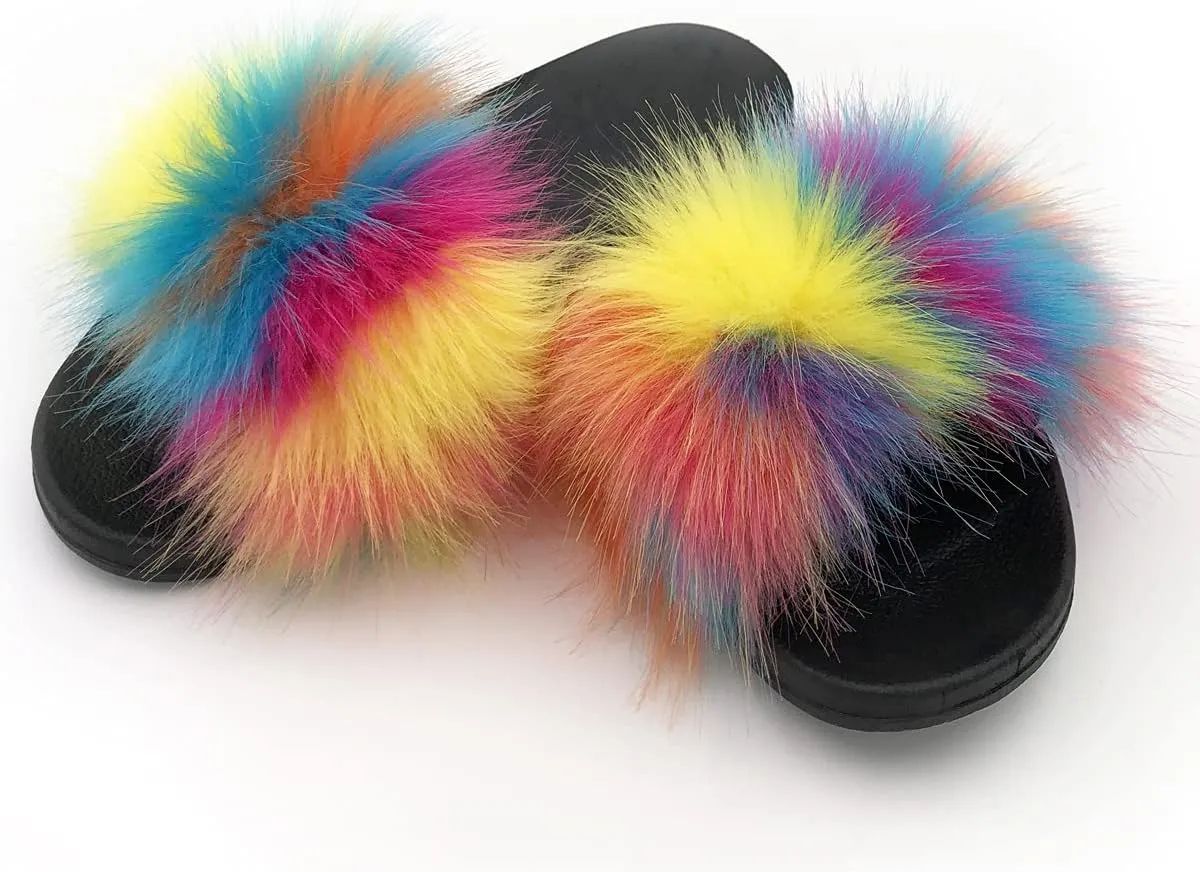 Kids Soft Artificial fur Sandals Slides Comfy Lightweight Furry Cute House Slippers for Girls
