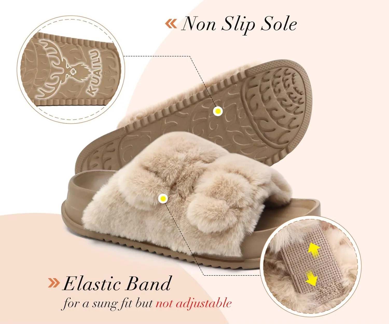 KuaiLu Women's Fluff Slippers Plantar Fasciitis Arch Support Platform Slippers Ladies Fashion Open Toe Faux Fur Sliders Womens House Slipper Size 6-12