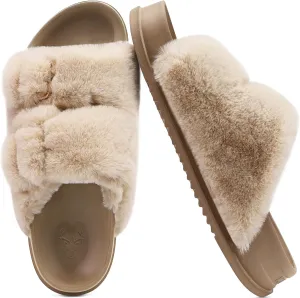 KuaiLu Women's Fluff Slippers Plantar Fasciitis Arch Support Platform Slippers Ladies Fashion Open Toe Faux Fur Sliders Womens House Slipper Size 6-12