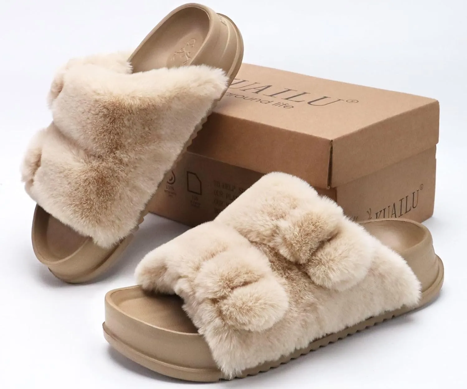 KuaiLu Women's Fluff Slippers Plantar Fasciitis Arch Support Platform Slippers Ladies Fashion Open Toe Faux Fur Sliders Womens House Slipper Size 6-12