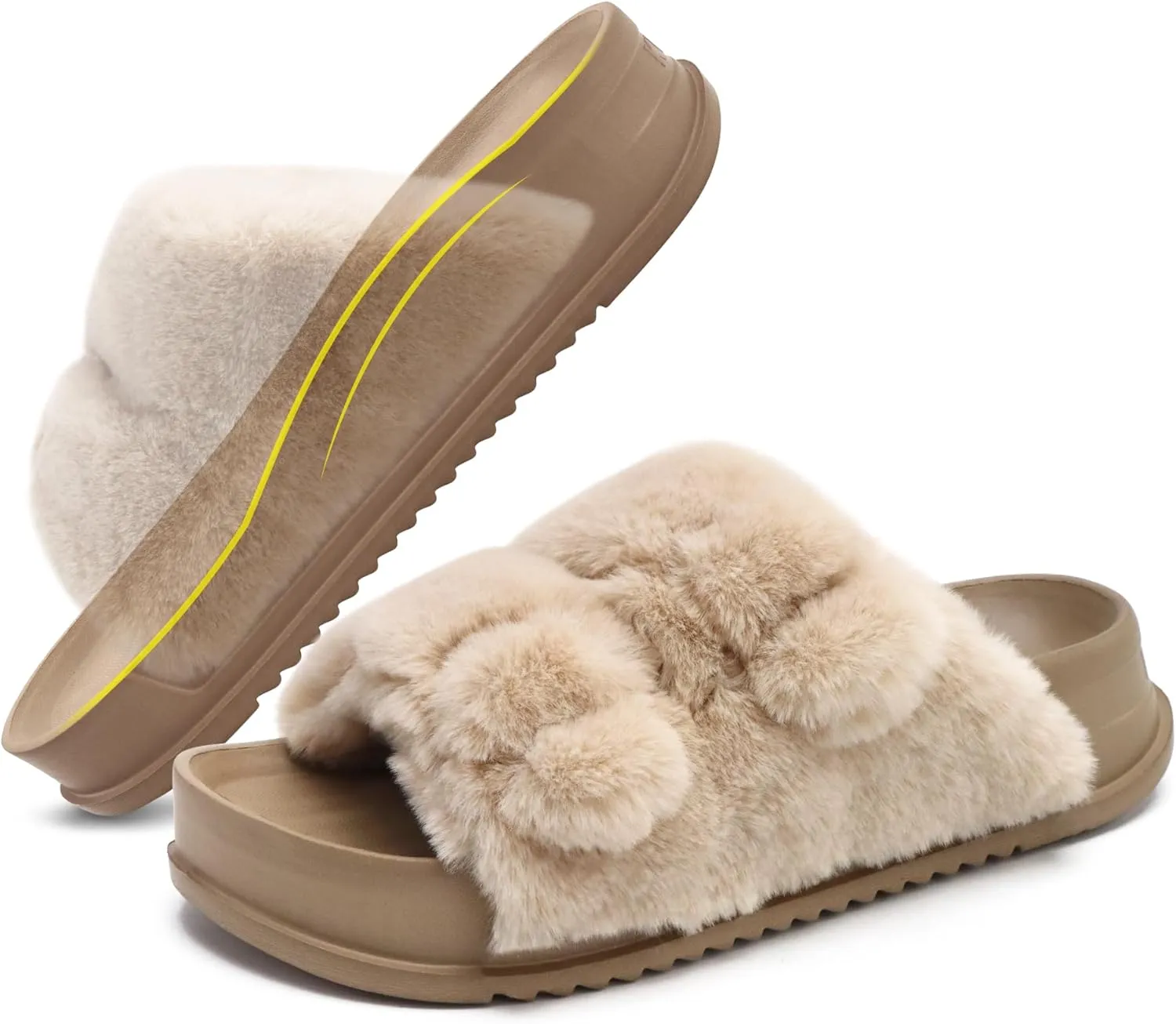 KuaiLu Women's Fluff Slippers Plantar Fasciitis Arch Support Platform Slippers Ladies Fashion Open Toe Faux Fur Sliders Womens House Slipper Size 6-12