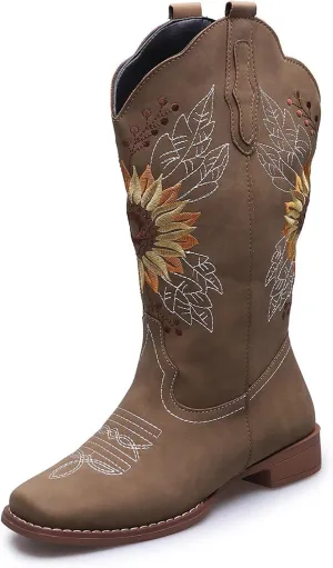 Ladmiple Cowboy Boots For Women Wide Calf Low Heel Pointed Toe Chunky Heel Cowgirl Embroidered Western Boots Pull On
