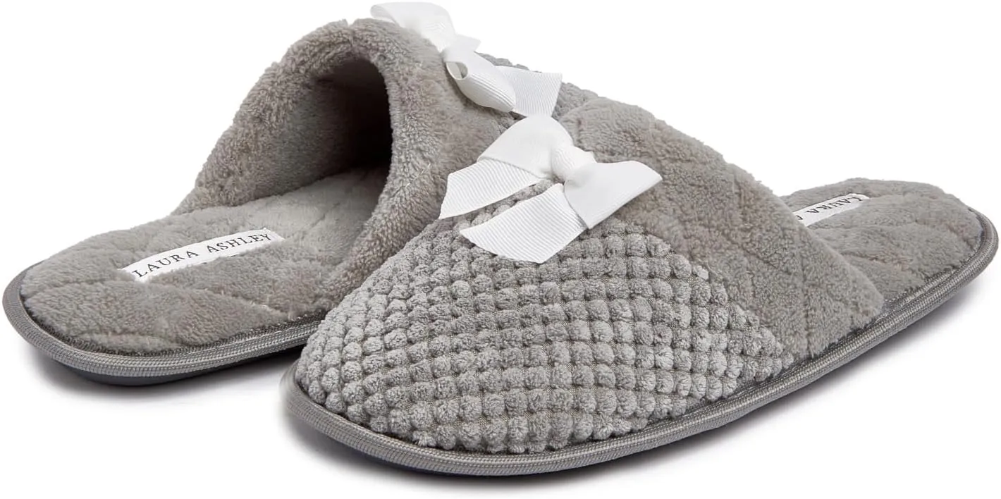 Laura Ashley Soft Terry Knot Scuff Slippers for Women - Comfy Non Slip Closed Toe Bedroom Slipper - Cozy Slide On Womens House Slippers