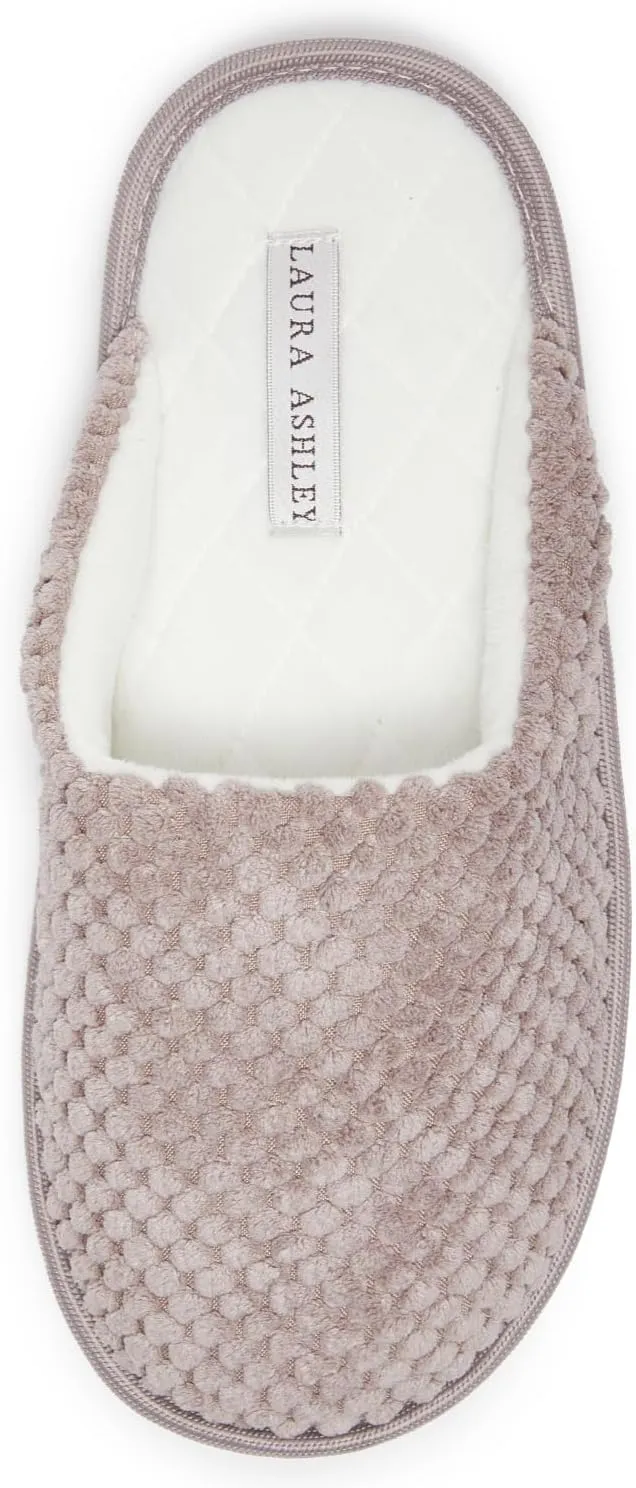 Laura Ashley Womens Plush Memory Foam Scuff Slippers, Fluffy Warm Micro Terry House Shoes, Comfy Slip On Bedroom Slipper