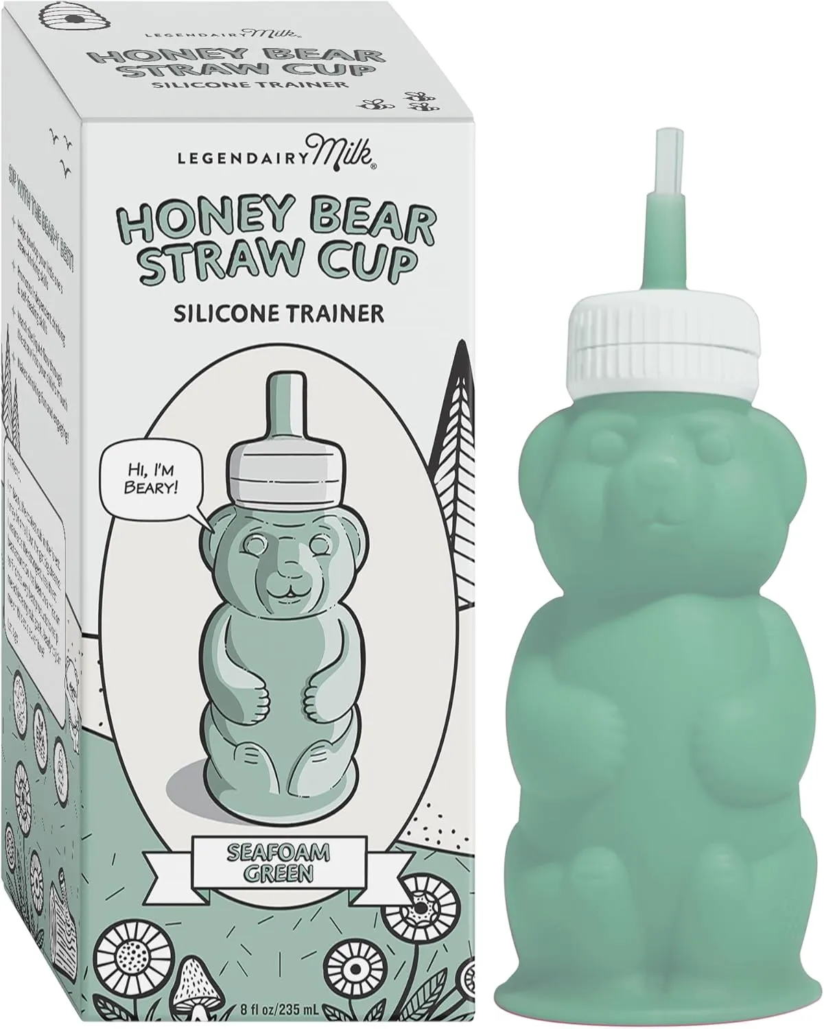 Legendairy Milk Honeybear Silicone Sippy Cup - Green, 8 oz, Dishwasher Safe, Trainer Straw Cup for Babies & Toddlers 4  Months