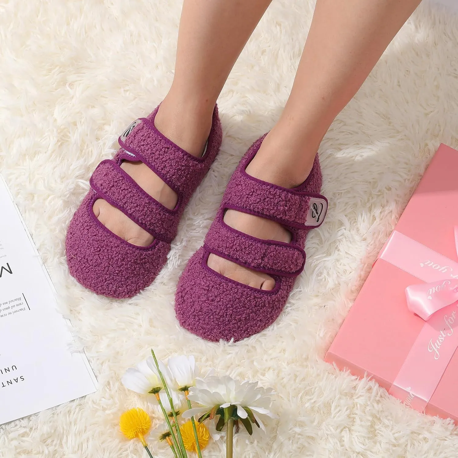 LeIsfIt Womens Slippers Adjustable Diabetic Slippers Wide Soft Arthritis Edema House Shoes Warm Fuzzy Slipper Socks with Rubber Sole