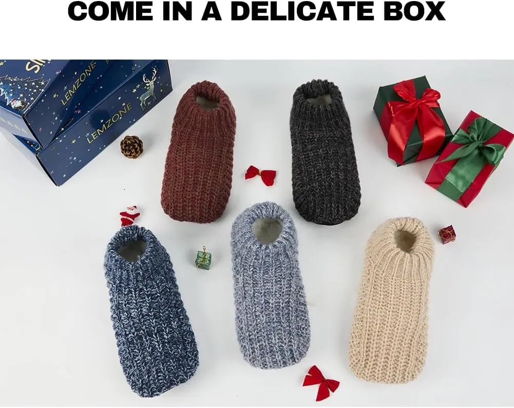 LEMZONE Men's Cozy Slipper Socks Non Slip Winter Warm Indoor Soft Sole Sock Shoes with Sherpa Lining