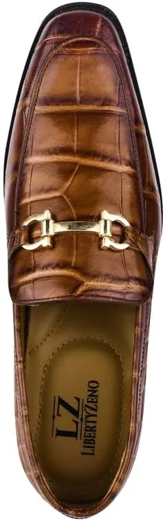 LIBERTYZENO Mens Crocodile Print Genuine Leather Adults Noble Penny Loafers Slip On Shoes for Easter Gift