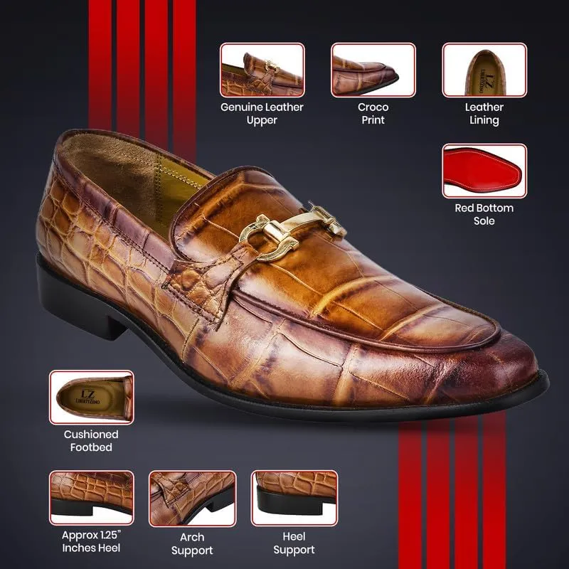 LIBERTYZENO Mens Crocodile Print Genuine Leather Adults Noble Penny Loafers Slip On Shoes for Easter Gift
