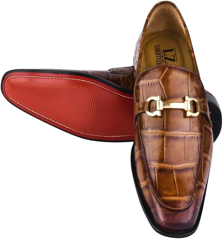 LIBERTYZENO Mens Crocodile Print Genuine Leather Adults Noble Penny Loafers Slip On Shoes for Easter Gift