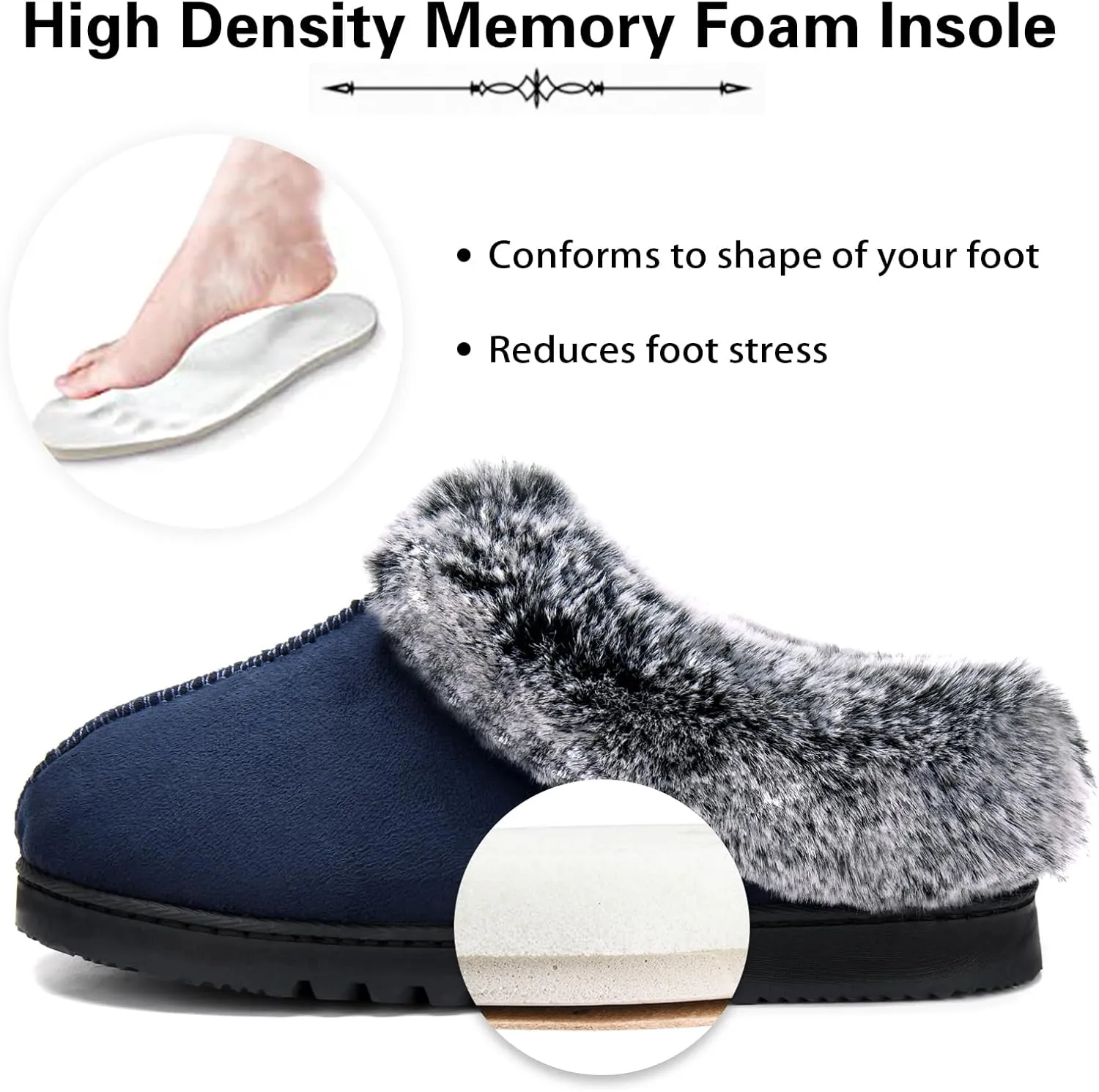 LORDFON Womens Slippers with Memory Foam,Winter House Slippers for Women with Warm Faux Fur Collar,Cozy Slip-on Bedroom Indoor Shoes