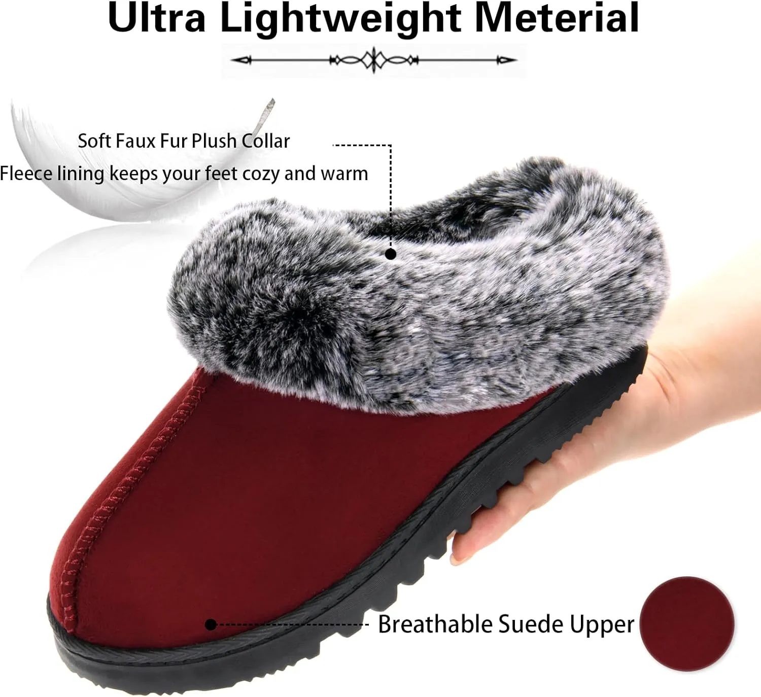 LORDFON Womens Slippers with Memory Foam,Winter House Slippers for Women with Warm Faux Fur Collar,Cozy Slip-on Bedroom Indoor Shoes